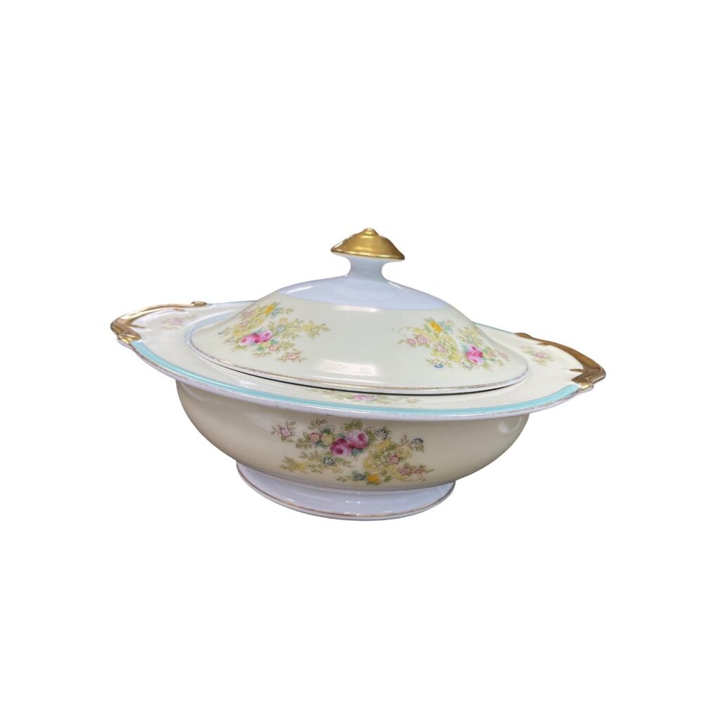 Meito China Hand Painted VTG floral covered bowl 10.5"x9.5"x3" SKU 9657